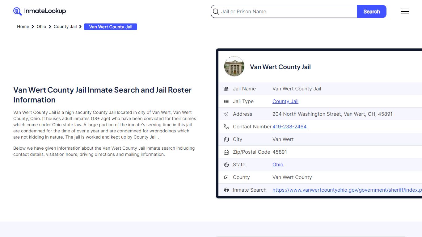Van Wert County Jail Inmate Search - Van Wert Ohio - Inmate Lookup